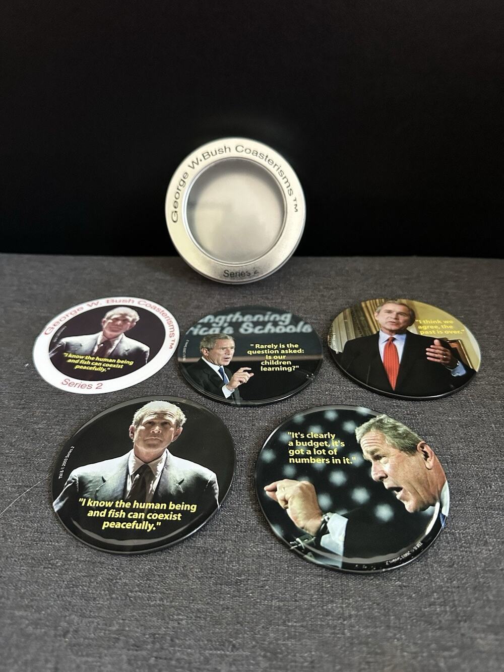George W Bush Coasterisms Series 2 Set 4 Coasters Tin Insert Rocket USA 2004